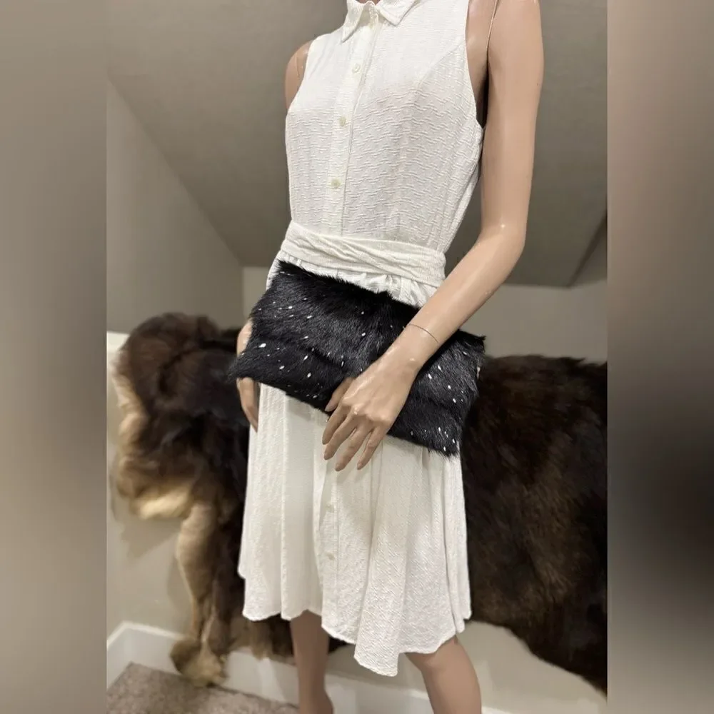 Black Real Goat Hair-on Hide Handmade Baguette Bag, 2 Straps Style